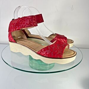 Gabor Paisley Wedge Sandals Red Platform Ankle Strap Leather